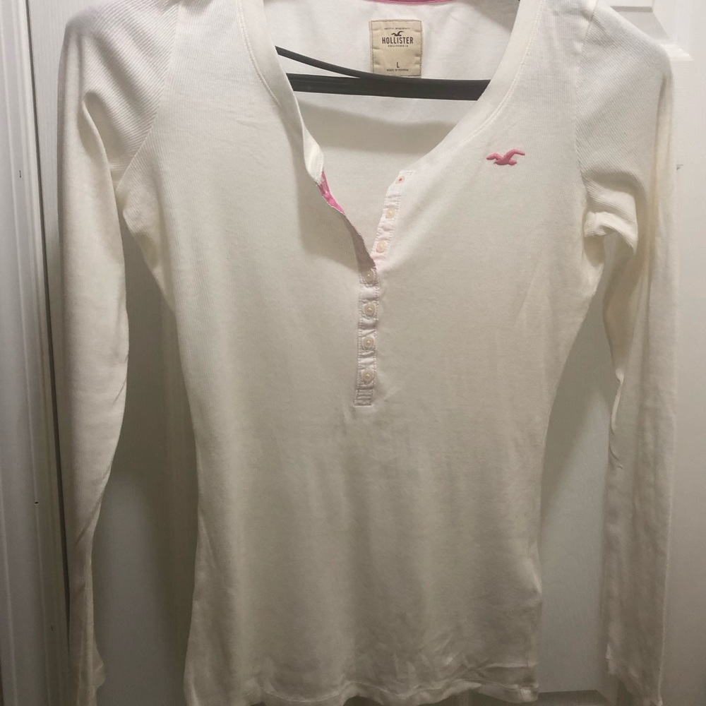 Hollister Long-Sleeve Button Henley with Pink Logo